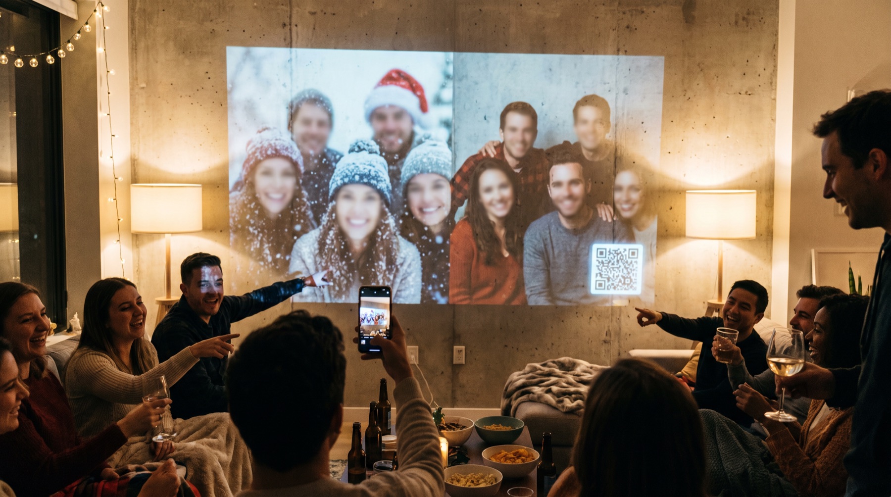A living room party: guests point at a projected wall showing their photo restyled with falling snow and Santa hats, a QR code glowing in the corner